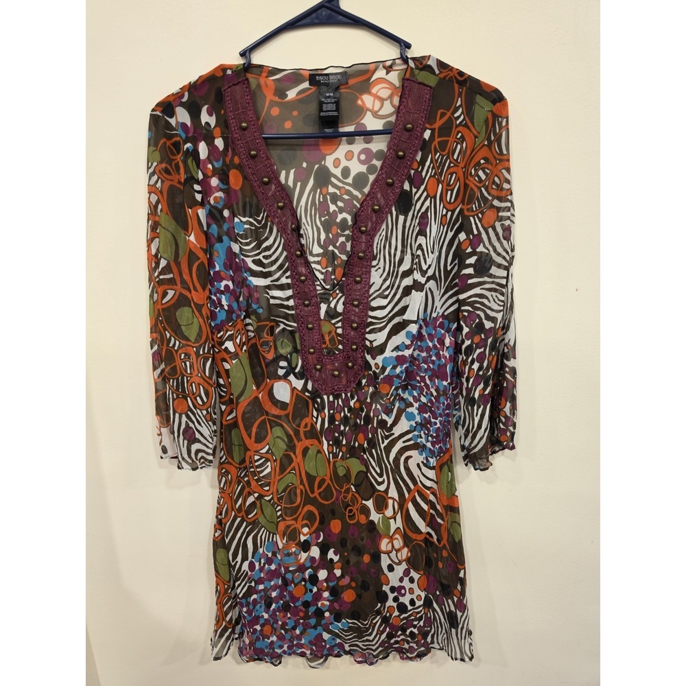 Vintage Y2K Bisou Bisou Michele Bohbot Sheer Tunic Blouse Size Medium Boho Glam
